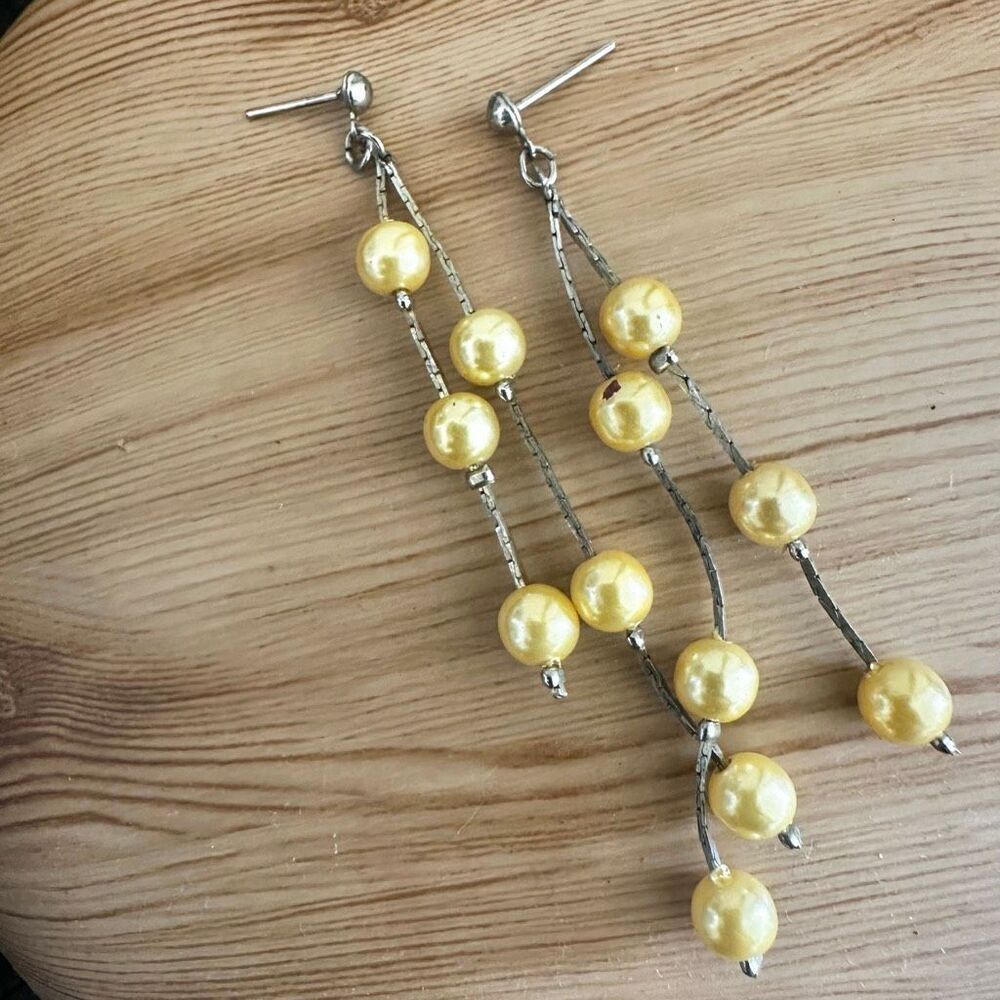 Yellow Faux Pearl Linear Dangle Earrings - Picture 3 of 5